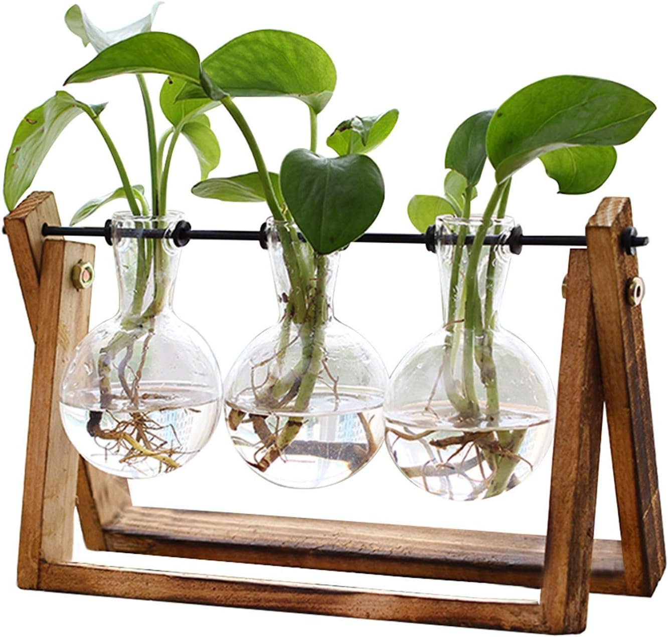 FLOWER Plant Terrarium with Wooden Stand, Air Planter Bulb Glass Vase Metal Swivel Holder Retro Tabletop for Hydroponics Home Garden Office Decoration – 3 Bulb Vase
