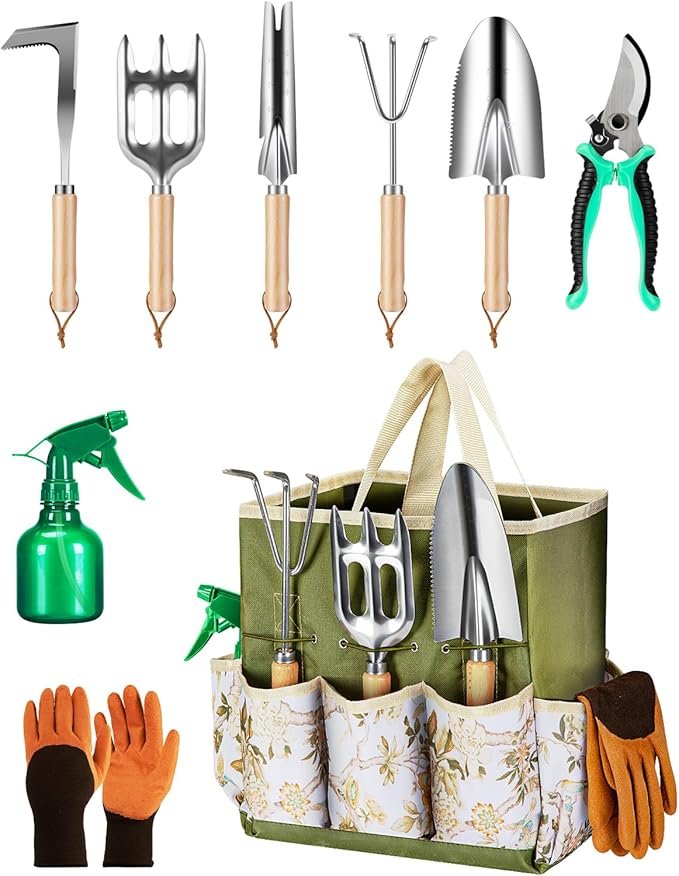 9-Piece Premium Gardening Tool Set for Women – Heavy Duty Stainless Steel Rust-Proof Tools with Fashion Storage Tote | Perfect Gardening Gifts for Mom, Mother’s Day, Birthday & Outdoor (Green)