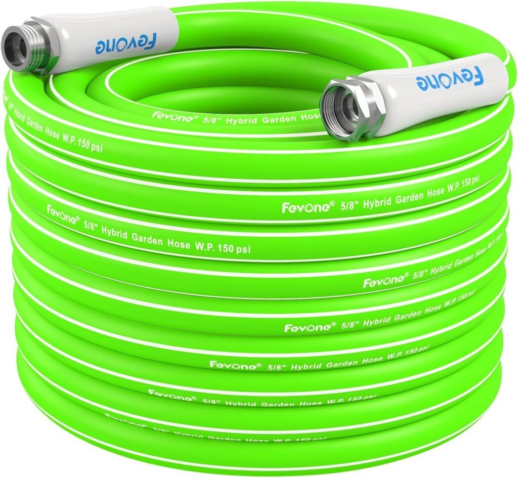 Fevone 75ft Garden Hose, 2-Year Warranty Offered by Manufacturer, Heavy Duty Water Hose- 5/8″ ID, 600 Psi, Hybrid Polymer, Kink Resistance, Drinking Water Safe, 3/4″ GHT Aluminum Fittings (GH4)