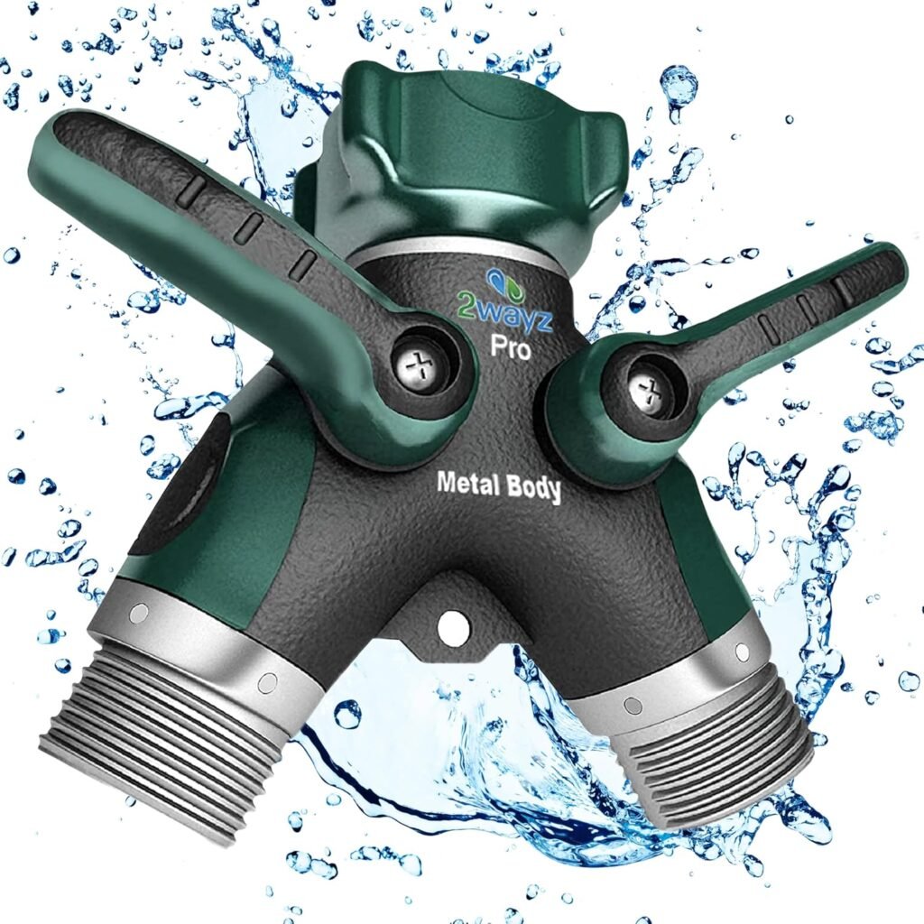 2WAYZ Hose Splitter 2 Way Heavy Duty – Outdoor Faucet and Garden Hose Splitter – Durable Water Spigot Splitter Y Adapter – All-Metal Water Hose Connector with Shut-Off Valve – 4″ x 4″ x 1.5″