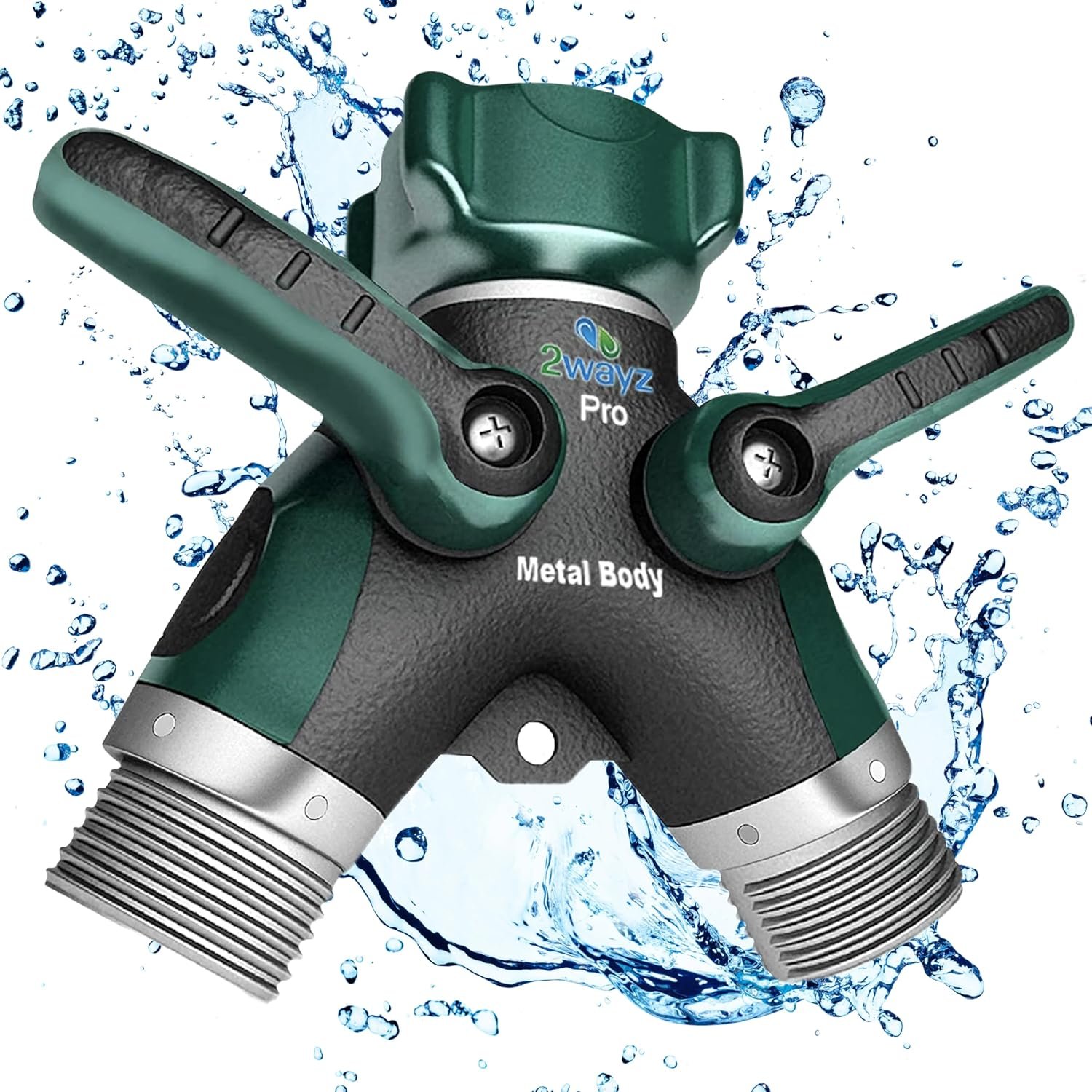 2WAYZ Hose Splitter 2 Way Heavy Duty – Outdoor Faucet and Garden Hose Splitter – Durable Water Spigot Splitter Y Adapter – All-Metal Water Hose Connector with Shut-Off Valve – 4″ x 4″ x 1.5″