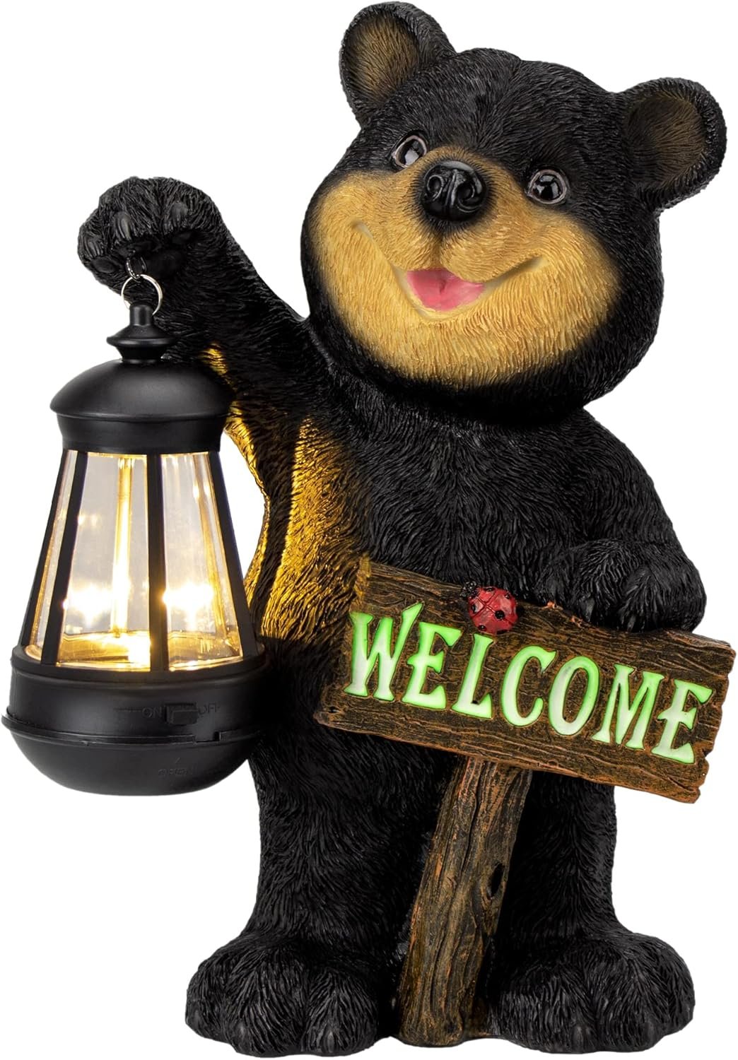Juegoal Garden Bear Statue with Solar LED Lantern, Luminous Welcome Sign, Gifts for Mom Yard Art, Whimsical Figurine Large Sculpture Lighted Outdoor Mother’s Day Spring Decorations for Lawn, Porch