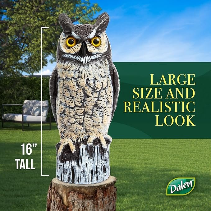 Dalen Large Fake Owl Decoy to Scare Birds Away – Garden Scarecrow Provides Natural Pest Control – 16″ Tall – Great Horned Owl