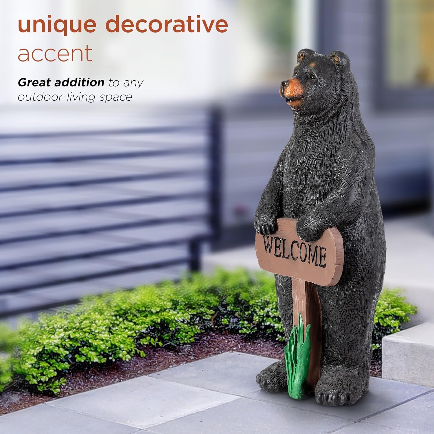 Alpine Corporation 36″ Tall Outdoor Standing Black Bear with Welcome Sign Yard Statue Decoration